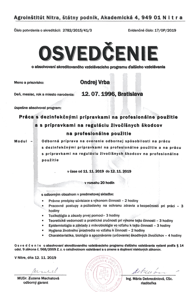 Certifikácia od Agroinštitút NItra - práca s dezinf. prostriedkami