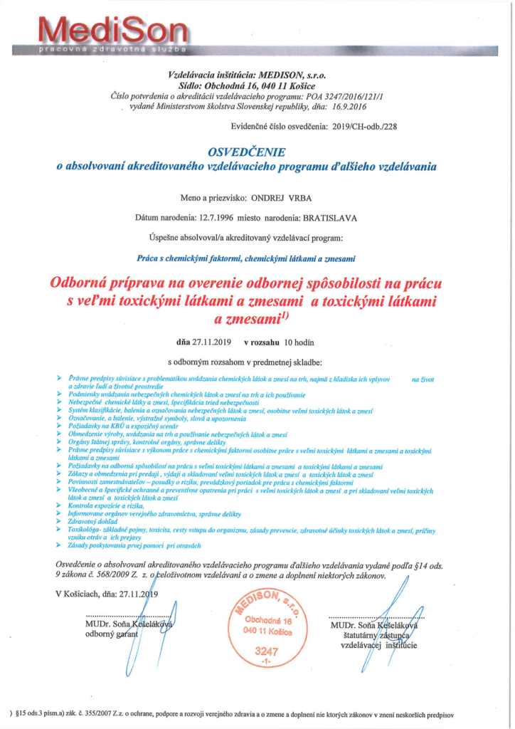 Certifikácia od firmy Medison - veľmi toxické látky a zmesi