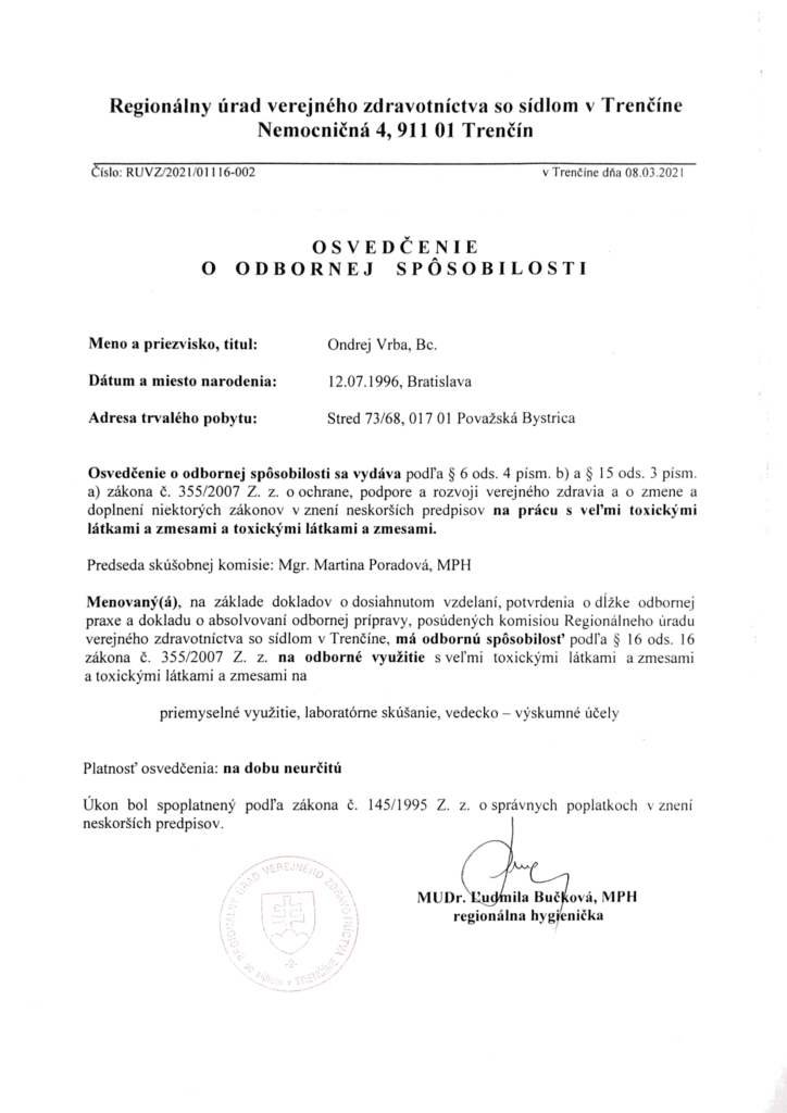 Certifikácia od Regionálneho úradu verejného zdravotníctva