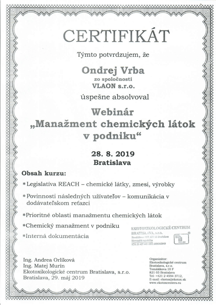 Certifikácia od firmy EKOTOXIKOLOGICKÉ CENTRUM BRATISLAVA